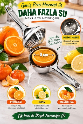 Büyük Boy Döküm Metal Narenciye Sıkacağı Portakal Limon Manuel Meyve Suyu Presi 23 Cm Çelik Renk Tip Gümüş