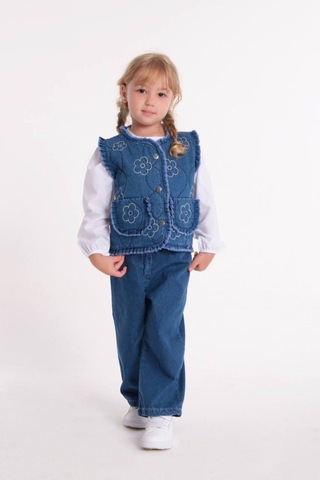 Le Petit Sole Kız Çocuk Yelek Gömlek Pantolon 3'lü Denim Takım Mavi