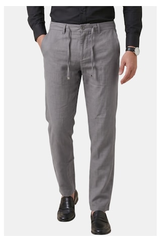 Deepsea Gri Slim Fit Likralı Keten Dokulu Lastikli Belli İpli Yazlık Erkek Pantolon 2603001