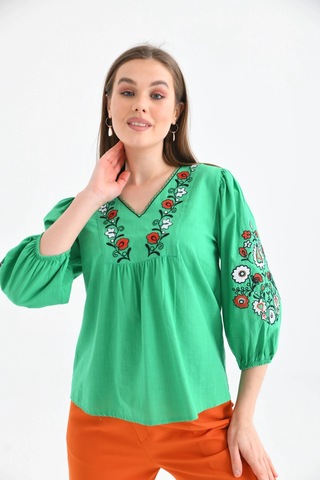 Kadın V Yaka Nakış Detay Salaş Yazlık Dokuma Bluz Yeşil