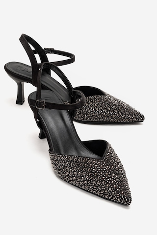 Luvishoes Vilka Siyah Saten Taşlı Sivri Burun İnce Topuklu Abiye Ayakkabı