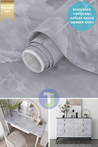 Technojet Kendinden Yapışkanlı Mermer Desen Folyo Mutfak Banyo Tezgah Duvar Kaplama 60cmx500cm Açık Gri
