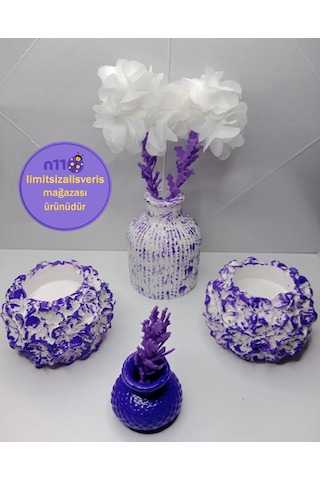 Mor Dekoratif Mumluk Obje Çiçekli Vazo Takımı Süsler Dahil Mor