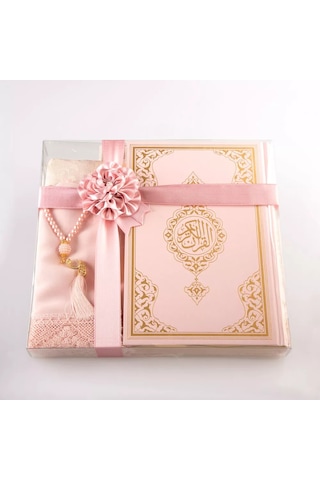 Şal + Seccade + Tesbih + Kuran Hediye Seti Çanta Boy, Ekonomik Cilt, Pembe