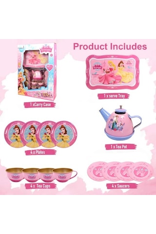 14 Parça Prenses Pembe Metal Oyuncak Çay Seti