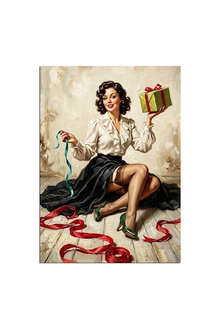 Hediye Kutusuyla Retro Pin Up Dekoratif Kanvas - Mdf Ahşap Tablo