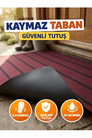 Beylini Şerit Desenli Kapı Önü Paspası Kaymaz Taban Dayanıklı Su Geçirmez Emici Nem Toz Uv Dayanıklı 45x70cm Bordo