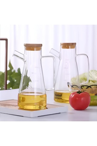 Bambu Kapaklı Vakumlu Borosilikat 3'lü Set Cam Yağlık Sirkelik Bambu Altlık Şeffaf