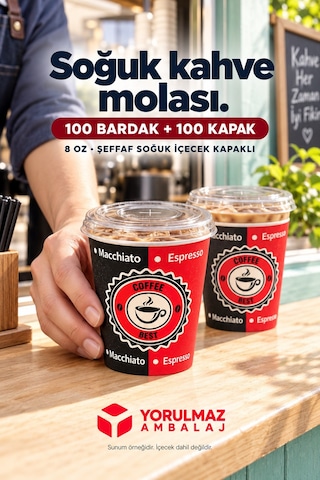 8 Oz Kapaklı Karton Bardak 100 Adet Soğuk İçecek Uyumlu Sızdırmaz Kağıt Bardak Renkli