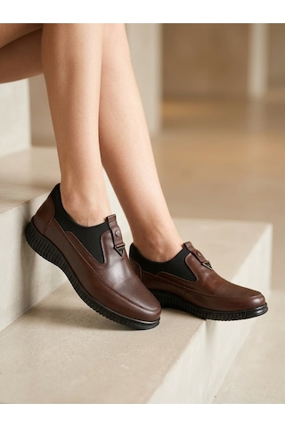 Beren Hakiki Deri Siyah Kadın Ayakkabı Ortopedik Taban Bağcıksız Comfort Casual Günlük Sneaker Kahverengi