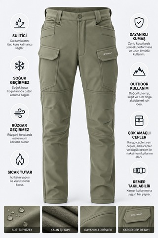 Dechers Erkek Kışlık İçi Polarlı Rüzgar Su Geçirmez Soft Shell Taktik Pantolon - E231 Bej