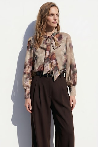 Sateen Fularlı Desenli Gömlek - Vizon-137422