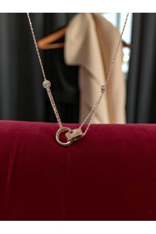 Birbirine Geçmiş Halka Model Taş Detaylı 925 Ayar Gümüş Kolye Modern Ve Şık Tasarım Gümüş