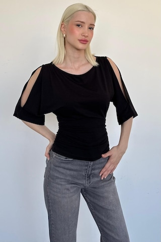 Madmext Siyah Belden Büzgülü Yarasa Kollu Açık Omuz Bluz Mg2672 Siyah