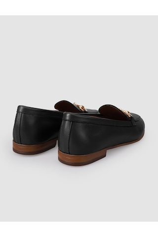 %100 Hakiki Deri Siyah Tokalı Kadın Loafer Siyah