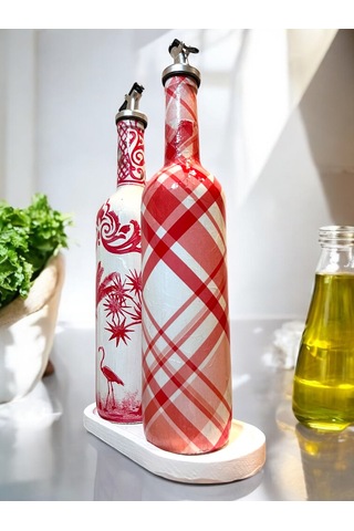 El Yapımı Kırmızı Beyaz Yağdanlık Seti Flamingo Ekose Desenli Cam Şişe, Dekoratif Mutfak & Sofra Ü Açık Pembe