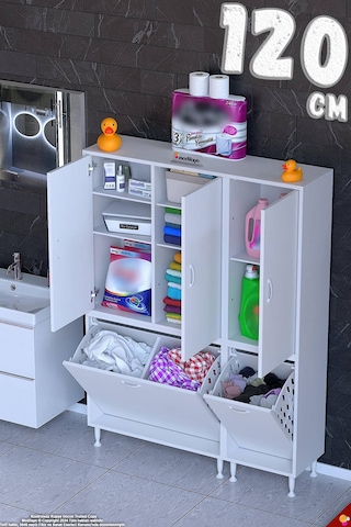 Ece 120 Cm Modüler Çamaşır Sepetli Bölmeli Banyo Dolabı - Beyaz 80+40 X160x32 Cm