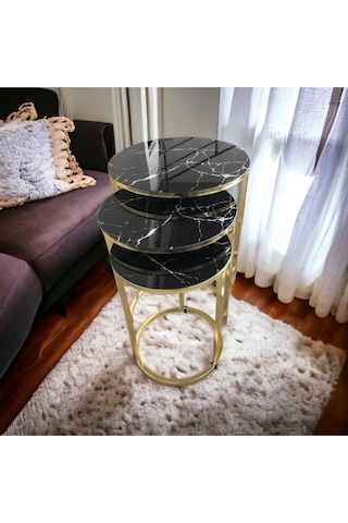Yaren Home Dizayn C Zigon Temperli Cam Siyah Beyaz Damarli Meremer Desenli Gold Kaplama Gold Sehpa