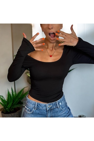 İbeeka Yeni Sezon Prenses Yaka Siyah Renk Uzun Kollu Pamuklu Body / Bluz Siyah