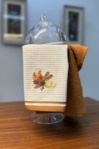 2 Li Mutfak Havlusu Portakal & Tarçın Nakışlı Kurulama Bezleri - 40x60 Cm Kiremit