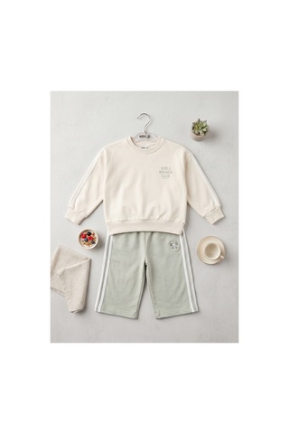 Deniva Kids Kız Çocuk Ekru Mint Yeşili Şerit Detaylı Fiyonklu Bisiklet Yaka Sweatshirt & İspanyol Paça Pantolon 2'li Alt Üst Takım