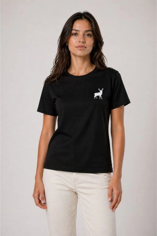 Wear Vexel Kadın Minimal Geyik Logolu Tişört Bisiklet Yaka Kısa Kol Yazlık T-shirt - Siyah Siyah