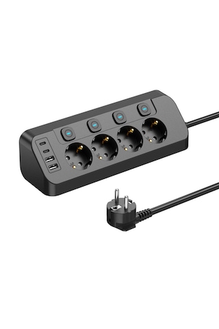 Akım Korumalı 4 Lü Priz 3680w 2 Usb-a + 2 Type-c Bireysel Anahtarlı Aşırı Yük & Isı Korumalı Çoklu Priz 2 M