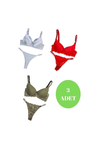 Murays Kadın 3lü Taşlı Mikro Sütyen Takım Gri/kırmızı/haki