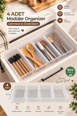 Porsima 0383 4'lü Modüler Çekmece İçi Organizer Seti 30x15 Cm Şeffaf Mutfak, Kaşıklık, Kozmetik Ve Ofis Düzenleyici