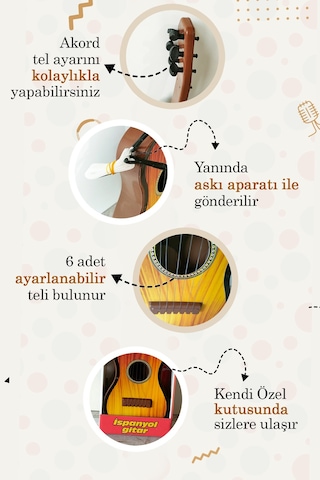 Kahverengi Oyuncak Ispanyol Gitar 6 Telli Akort Edilebilir 48 Cm