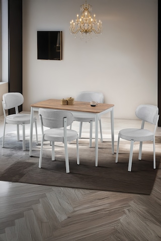 Sakura Masa Takımı - 4 Sandalye Krem - Metal Beyaz Ayak - Masa Takımı - Yemek Odası Takımı
