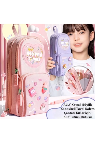 Ally Kawaii Büyük Kapasiteli Tuval Kalem Çantası Kızlar İçin Kılıf Tutucu Kutusu - Pembe Pembe