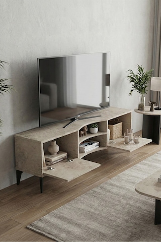 Reyo Falez Vera Tv Sehpası 160x35x50 Cm Çok Amaçlı Televizyon Ünitesi Raflı Dolaplı Salon Oturma Odası 5056 Traverten