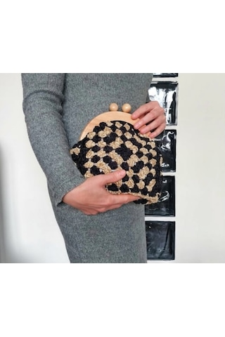 Ahşap Burslu Süet Siyah Çanta , Siyah Camel Clutch, El Yapımı Çanta Siyah Süet