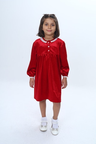 Toontoy Kız Çocuk Yaka Düğmeli Fırfırlı Elbise Kırmızı