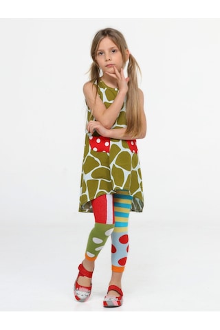 Yeşil Desenli Tunik + Çorap Tayt Takım-karışık Renk Gri