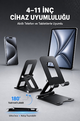 Taşınabilir Katlanabilir Metal Masaüstü Telefon Tablet Standı Ayarlanabilir Tutucu Kaymaz Taban 4-11 İnç