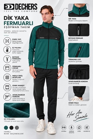 Dechers Erkek Gri Kışlık Dik Yaka Fermuarlı Dalgıç Kumaş İçi Pamuklu Regular Fit Eşofman Takım - E227