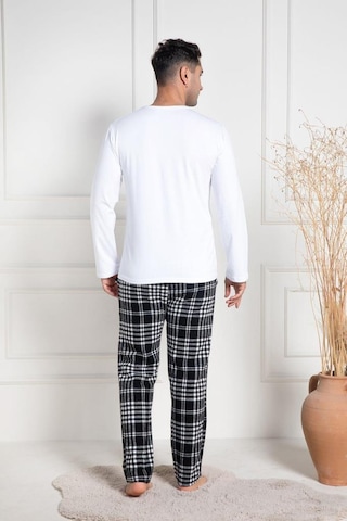 Mecit Pijama Mecit 3082 Erkek Beyaz Ekoseli Büyük Beden Pijama Takımı Beyaz