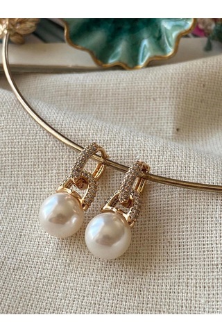 Vip Zirkon Taşlı Biyeli İnci Küpe Çok Renkli