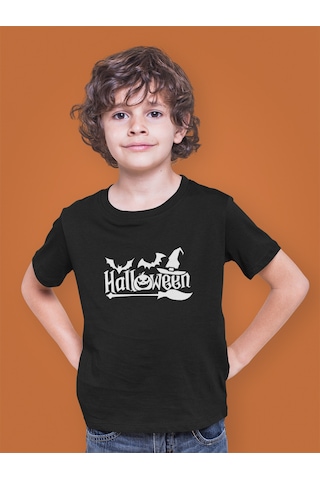 Bumeta Halloween Yarasa Balkabağı Cadı Şapkası Ve Süpürge Çocuk Tişört T-shirt Siyah
