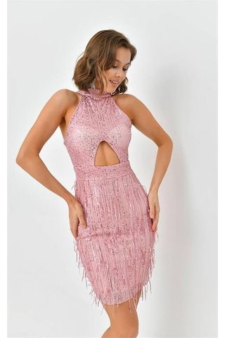 Kadın Mini Pul Payet Saçaklı Abiye Elbise Nbswll05 Pudra