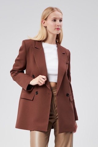 Kahverengi Regular Astarlı Kruvaze Kapama Dokuma Oversize Blazer Ceket 001