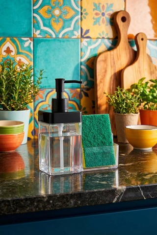 Makri Home 2 Hazneli Mutfak Sıvı Sabunluk- Süngerlikli 350 Ml 350 Ml Siyah Beyaz