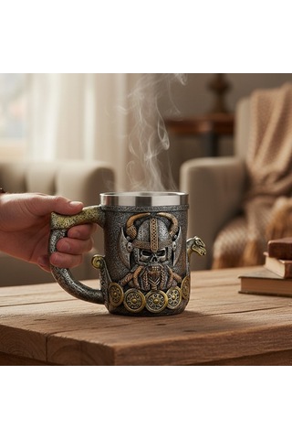 Viking Miğferli Savaşçı Figürlü Kupa Paslanmaz Çelik İç Hazne Diğer