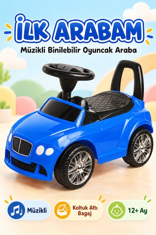 Müzikli İlk Arabam Koltuk Altı Bagajlı, Ayakla İtmeli Mavi Çocuk Arabası, 12 Ay+