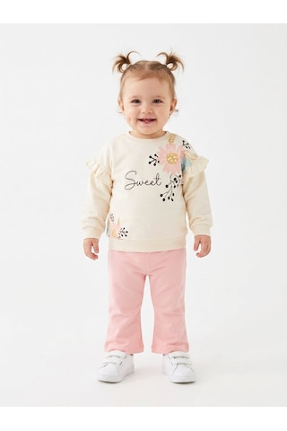 HelloBaby Pamuklu Fırfır Ve Çiçek Detaylı 2li Kız Bebek Takım Pembe