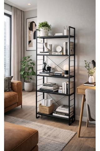Dekoratif Siyah Metal Kitaplık 5 Raflı Çok Amaçlı Stand Salon Ve Çalışma Odası Düzenleyici Siyah