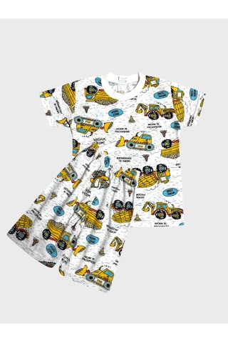 Aliş Kids Erkek Çocuk Pamuklu Beyaz Araba İş Makinesi Desenli Kısa Kollu Şortlu Yazlık Pijama Takımı