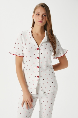 Ritnice Kadın Enda Fırfırlı Kiraz Desen Alt Üst Pijama Takımı Ekrukrımızı